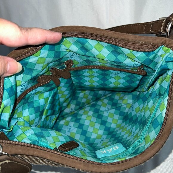 The Sak Taupe Crochet Shoulder Bag With Adjustable Strap & Argyle Lining - Picture 5 of 8